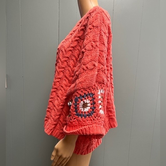 POL Cable Knit Long Sleeve Orange Sweater With Granny Square Detail Size Small - Picture 3 of 11